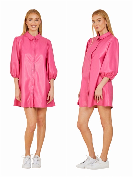 Dolce Cabo Dresses & Skirts - Dolce Cabo Pink Faux Leather Shirt Dress Puff Sleeve Mini XL